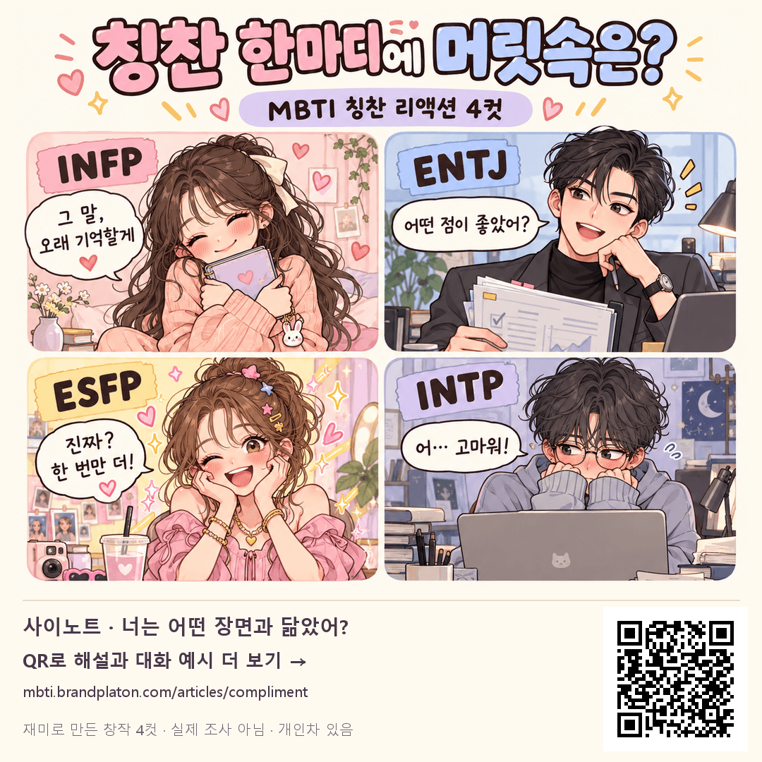칭찬을 기억하는 INFP, 구체적인 좋은 점을 묻는 ENTJ, 활짝 웃는 ESFP, 쑥스러워하는 INTP의 창작 리액션 4컷