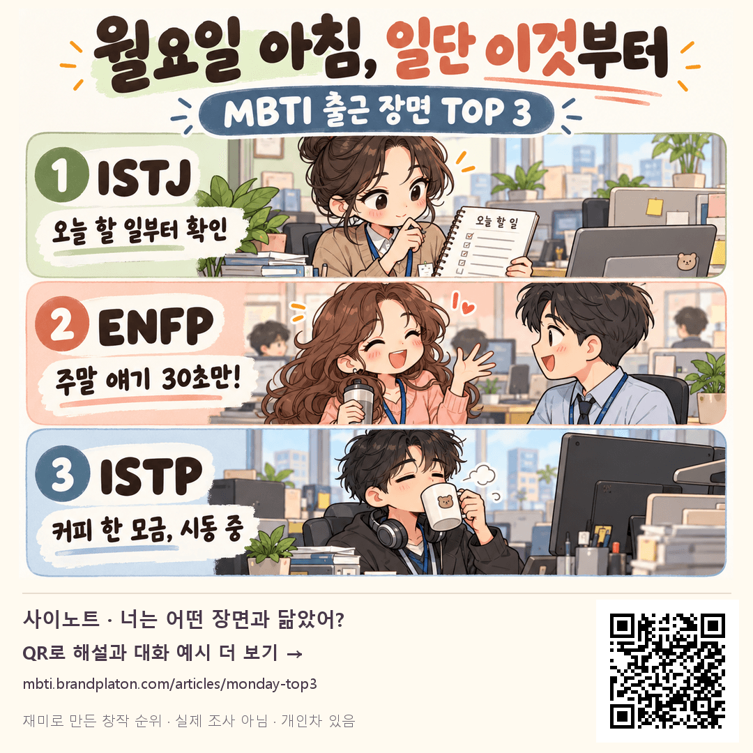 월요일 아침 할 일을 확인하는 ISTJ, 동료에게 인사하는 ENFP, 커피를 마시는 ISTP의 창작 TOP 3